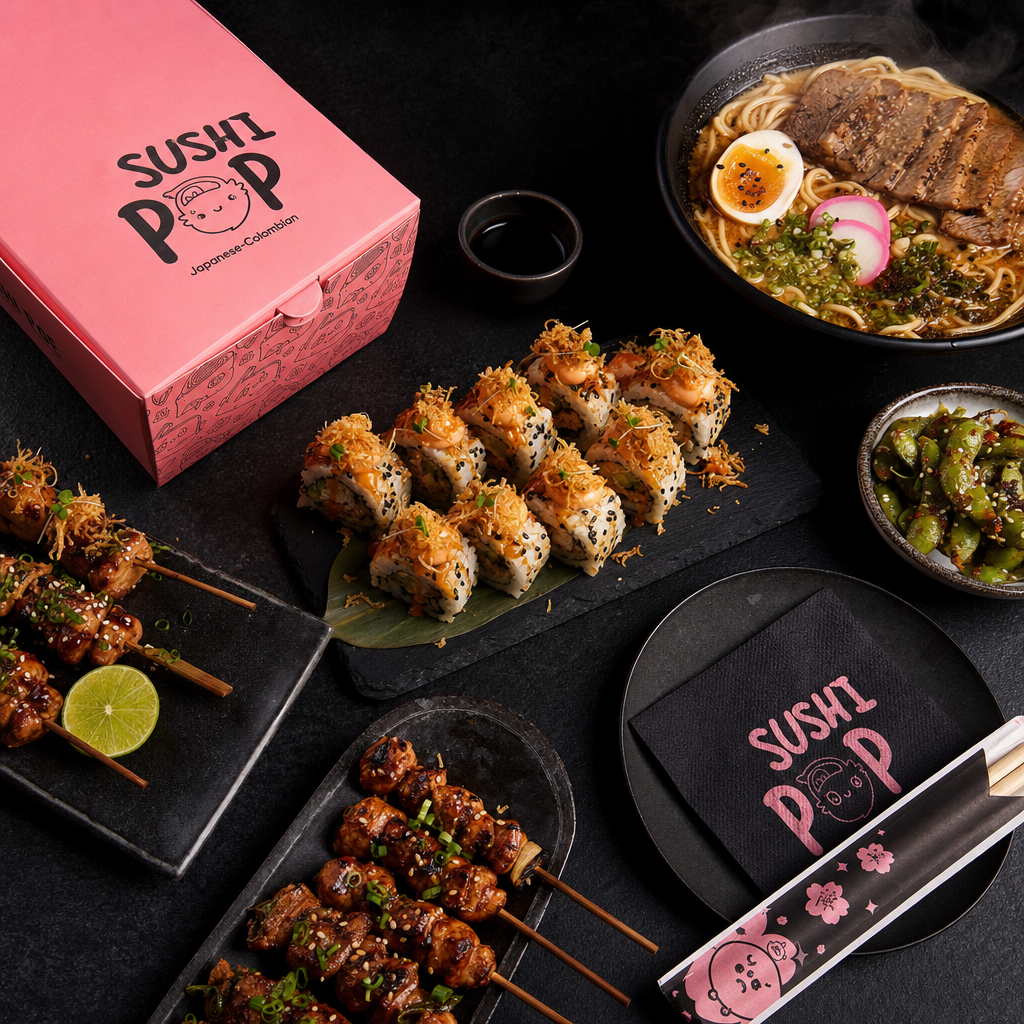 Sushi Pop Santa Marta – full spread of sushi rolls, ramen, yakitori and Japanese beer with neon signs