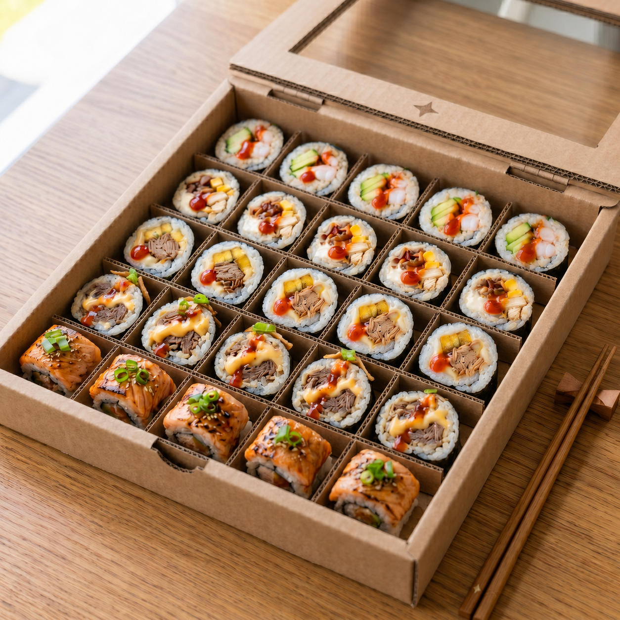 BOX Fiesta — 5 rollos de los 5 sabores en una caja de 50 piezas