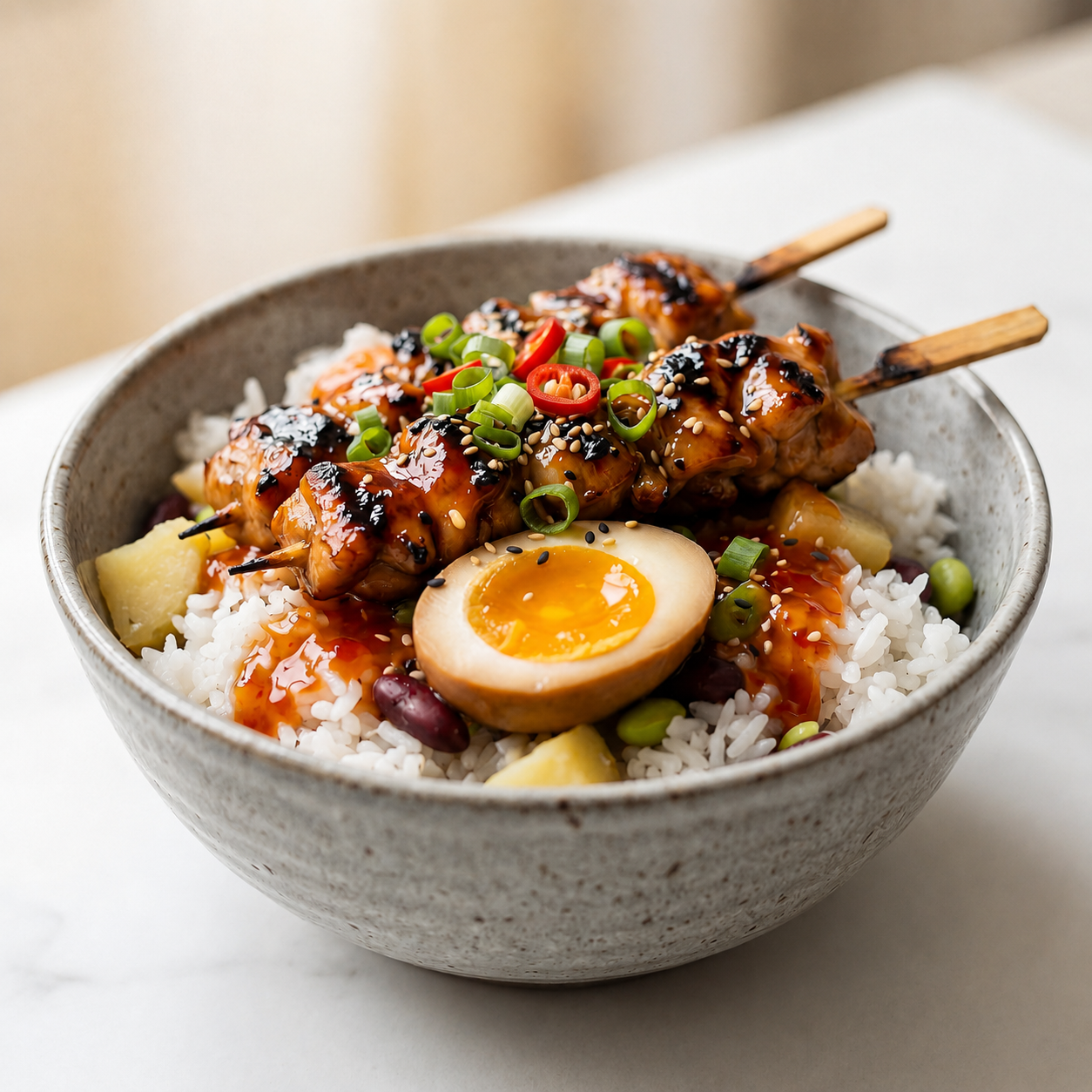 Chuzo Bowl — bowl donburi de arroz con papa, frijol, huevo marinado y 3 chuzos de pollo